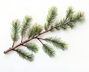 Obraz premium Watercolor painting of a pine branch, isolated on a white background; perfect for holiday or nature-themed designs.