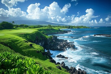 Lush green golf course cliffside overlooking ocean waves.
