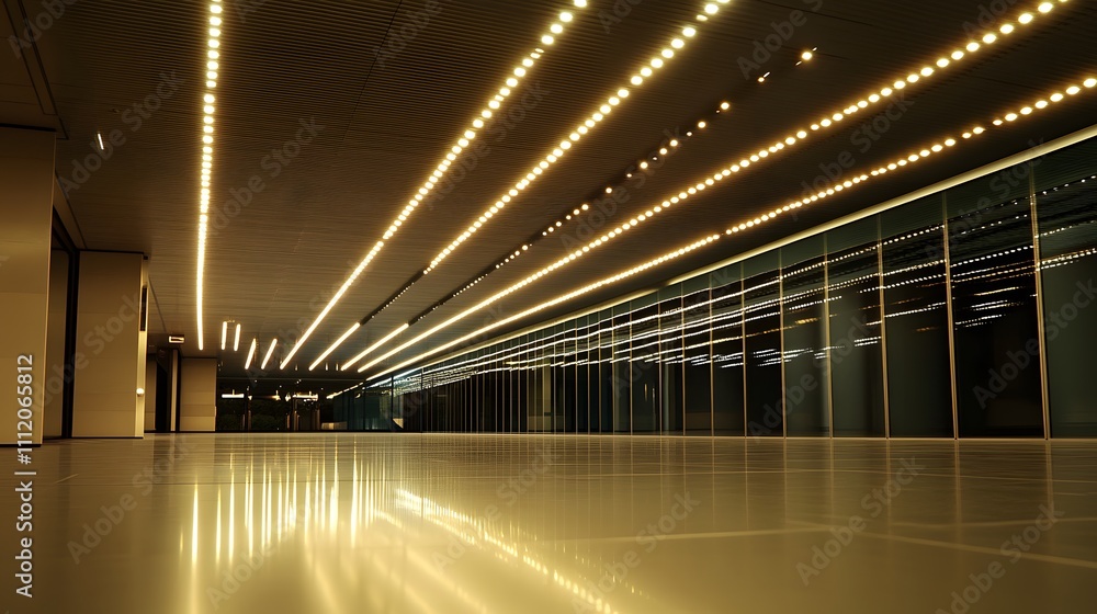 Poster a large, empty hallway with a bright, white ceiling lit up with a series of lights. the lights are e