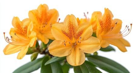 Fototapeta premium Vibrant orange azaleas in full bloom, showcasing delicate petals and stamens against a pure white backdrop. Perfect for spring themes, nature, and floral designs.
