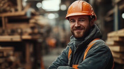 Smiling bearded construction worker in safety gear, orange helmet and glasses, industrial background, confident professional at work, carpentry and safety concept