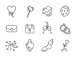 Valentine's Day Doodle Icon Set. Hand drawn symbols of Love, romance. Cute Hearts. Icons for stickers, holiday design elements, web design, cards, invitations, banners, posters, apps, social media.