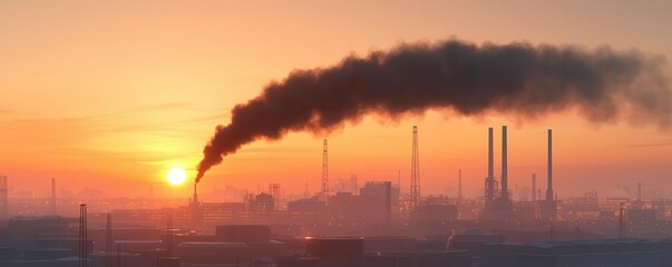 Obraz premium Industrial smokestacks releasing pollution at sunrise.