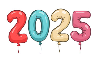 The year 2025, made of colorful balloons in the shape of the number. Cartoon illustration
