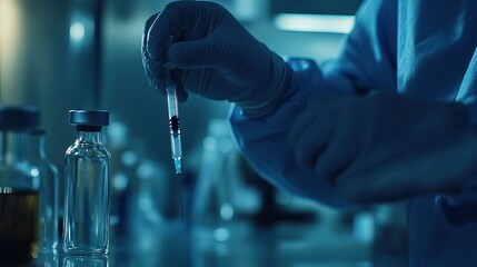 A medical syringe and vaccine preparation process in a healthcare setting. AI generated image