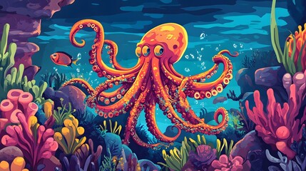 Obraz premium Octopus and beautiful underwater scenery, Underwater Scene with Incredible Commotion of an Octopus