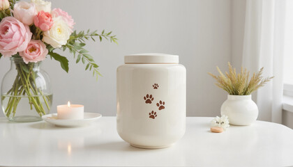 Cream-colored pet urn with paw prints and soft floral decor