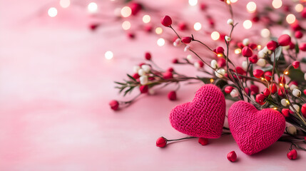 pink, romantic scene with 2 soft pink knitted hearts and branches with cosy lights burning over table surface; concept love celebration advertising