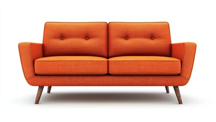 An orange two-seat sofa with wooden legs sits on a white background