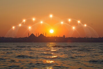 The image beautifully captures the sun's path over a city skyline at sunset, reflecting on the water and creating a serene, illuminating scene.