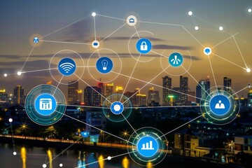 A network of interconnected icons hovering over a city skyline at dusk, symbolizing connectivity, innovation, and urban technological evolution.