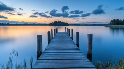 Fototapeta premium Serene lakeside pier at sunset with calm water and soft clouds.