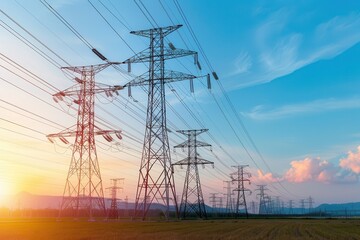 Fototapeta premium Peak energy strains the grid. Power lines against a sunset sky