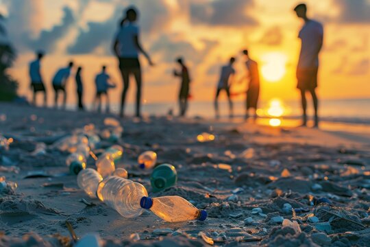 Silhouettes of volunteers picking up plastic waste on a beach at sunset, showcasing environmental responsibility and community unity for a cleaner future.