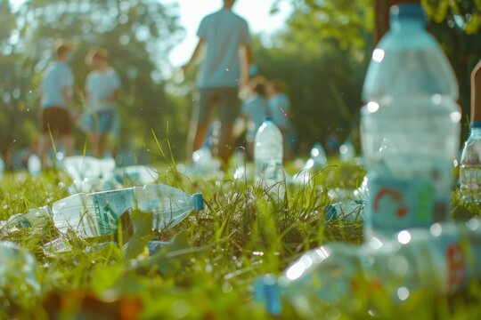 Grass area filled with plastic litter, while volunteers actively engage in a cleanup operation, portraying collaboration and environmental responsibility. - Powered by Adobe
