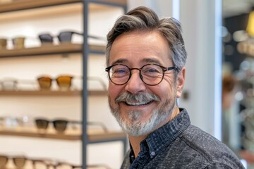 A middle-aged man with a gray beard is smiling broadly while trying on glasses in a modern eyewear store, surrounded by a variety of stylish frames on display.