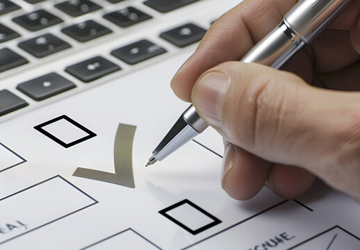 Zbliżenie na rękę wypełniającą formularz lub ankietę, zaznaczającą pole wyboru długopisem.