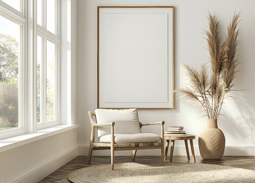 Fototapeta Minimalistyczne wnętrze w stylu boho z wygodnym drewnianym fotelem z jasnymi poduszkami, stolikiem i dużym wazonem z suszonymi trawami pampasowymi.