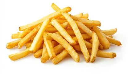 A generous pile of golden French fries isolated on a clean white background perfect for food-related projects or menus