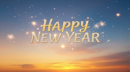 Happy New Year text with fireworks against a sunset background