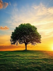 Obraz premium Solitary tree rises above a grassy field as the sun sets, casting vibrant colors across the tranquil sky with ample space for text. Generative AI
