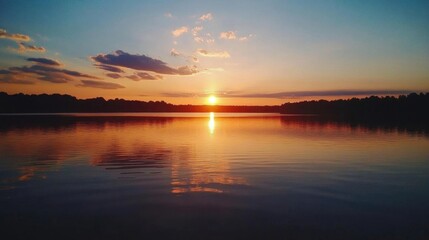 Fototapeta premium A serene sunset over a calm lake reflecting vibrant colors.