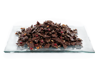 Chocolate dark chocolate bark with dried cherries and almonds on a transparent glass tray tangy