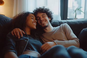Obraz premium Happy couple enjoying time together on a cozy couch, smiles and warmth captured in the moment