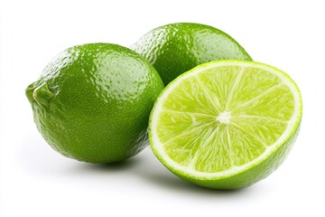 Fresh green lime with two vibrant slices isolated on a clean white background for culinary uses and refreshing beverages