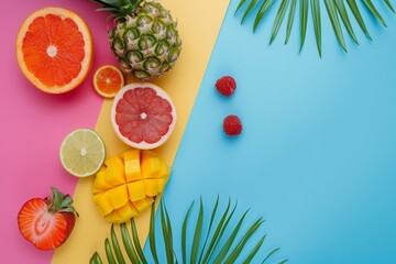 This image showcases sliced tropical fruits like grapefruits, limes, and pineapples placed alongside palm fronds on pink and blue backgrounds, exuding freshness and vibrancy.