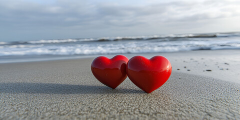 Fototapeta premium Two Red Hearts on Pebble Beach with Ocean Waves