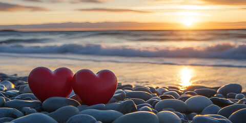 Red Hearts on Pebble Beach with Sunset Reflection