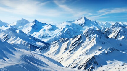 Obraz premium Majestic snow-capped mountain range under a vibrant blue sky.