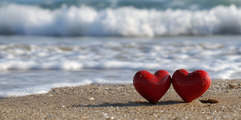 Two Red Hearts on Pebble Beach with Ocean Waves