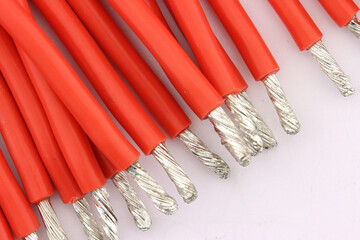 Copper electrical installation wires in colored insulation. Close-up. Soft focus.