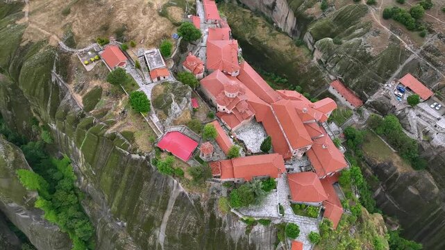 Drone flight above the majestic Monastery of Great Meteoron in the Meteora Valley near Kastraki, Greece