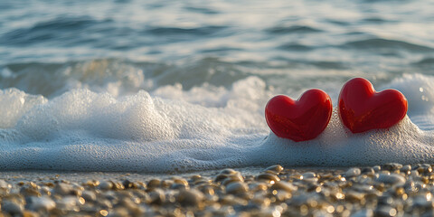 Two Red Hearts on Pebble Beach with Ocean Waves