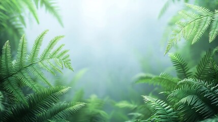Fern Crisp Vital, Vibrant Fern Fronds Against Misty Ethereal Background with Copyspace