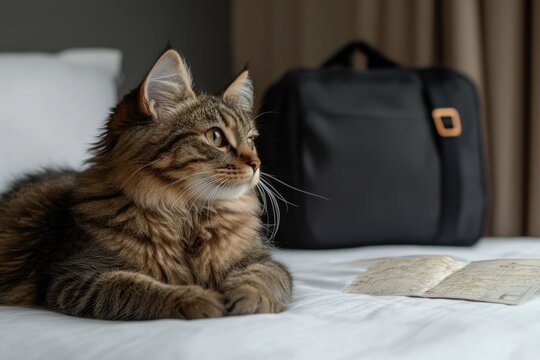 traveling with pets, a tabby cat lounging on a hotel bed, surrounded by a travel bag and local map