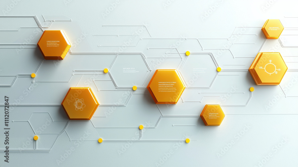 Poster colorful timeline graph hexagonal concept. hexagon shapes with yellow accents and circuit lines crea