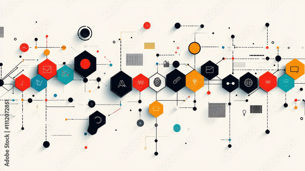Poster colorful timeline graph hexagonal concept. innovative hexagon layout with colorful icons and connect