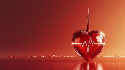 Obraz premium A bright blood droplet encases a small red heart. With a heartbeat line weaving around it like a protective shield. Set against a gradient background fading from white to red.