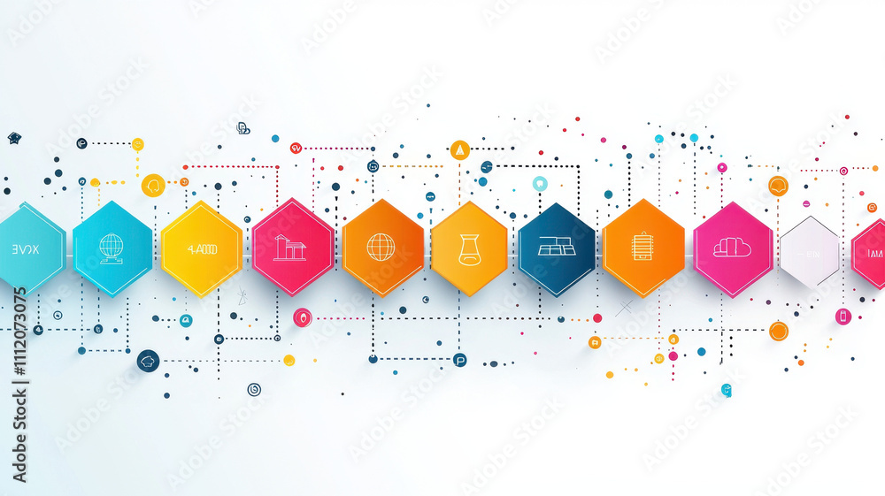 Poster colorful timeline graph hexagonal concept. clean timeline infographic with colorful icons and connec