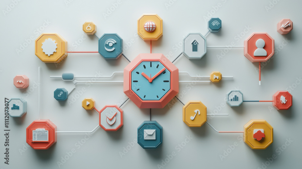 Poster colorful timeline graph hexagonal concept. colorful time management infographic with various icons a