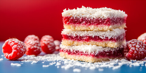 Raspberry Coconut Bars with Fresh Berries on Colorful Background