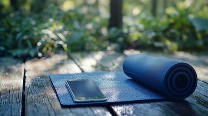 Yoga mat and digital wellness reminders displayed on phone, nature backdrop
