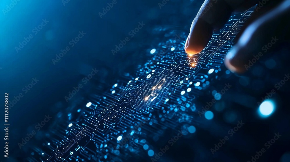 Poster a close-up of a finger touching a surface with glowing particles, evoking themes of technology, data