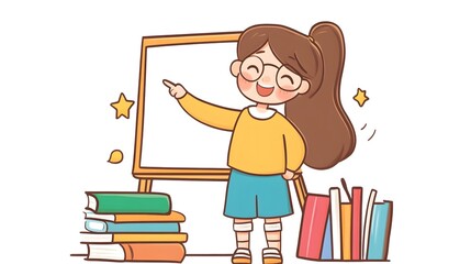 Teacher smiling and pointing to whiteboard