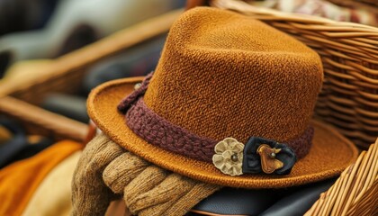 A stylish brown hat with decorative elements resting on a woven basket.