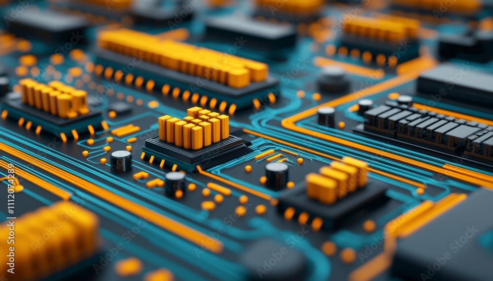 Poster a close-up view of a vibrant circuit board featuring intricate patterns and components in blue and o
